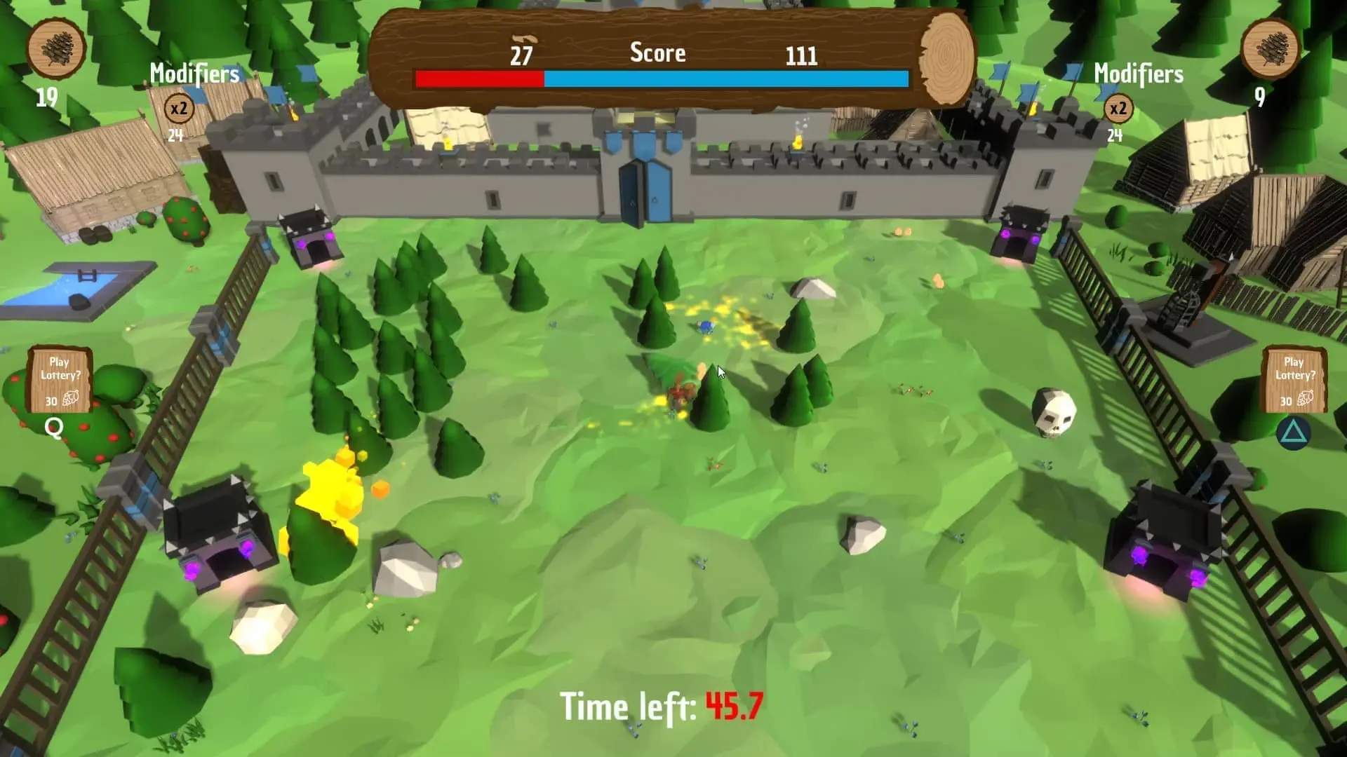 Image of a 3d game where you can see trees and
lumberjacks who are planting and chopping each others trees